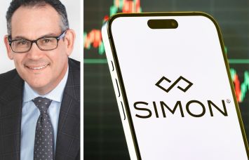 Simon Property Group CEO David Simon and a photo illustration of the Simon Property Group logo on a phone.