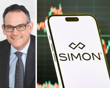 Simon Property Group CEO David Simon and a photo illustration of the Simon Property Group logo on a phone.