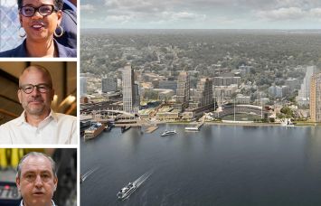 From top: Councilmember Kamillah Hanks, NYCEDC President & CEO Andrew Kimball, and Staten Island Borough President Vito Fossella. Rendering of Staten Island's Mixed-Use Waterfront Neighborhood.