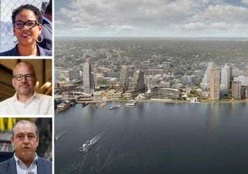 From top: Councilmember Kamillah Hanks, NYCEDC President & CEO Andrew Kimball, and Staten Island Borough President Vito Fossella. Rendering of Staten Island's Mixed-Use Waterfront Neighborhood.