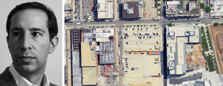 TF Cornerstone's Jake Elghanayan and an aerial view of a development lot at 45 West Street, Brooklyn.