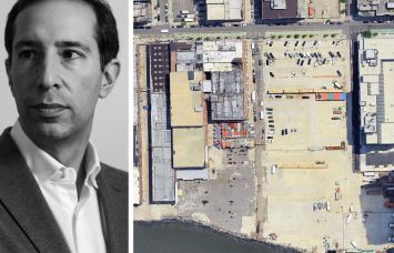 TF Cornerstone's Jake Elghanayan and an aerial view of a development lot at 45 West Street, Brooklyn.