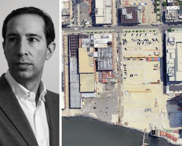 TF Cornerstone's Jake Elghanayan and an aerial view of a development lot at 45 West Street, Brooklyn.