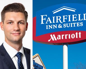 RIPCO Real Estate Managing Director James Murad and a Fairfield Inn & Suites sign.