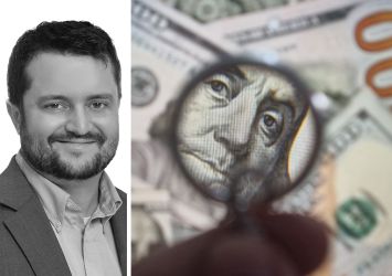 Newmark's Joe Biasi and hundred dollar bills seen through a magnifying glass.