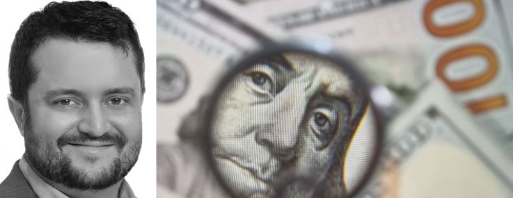 Newmark's Joe Biasi and hundred dollar bills seen through a magnifying glass.