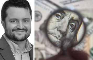 Newmark's Joe Biasi and hundred dollar bills seen through a magnifying glass.