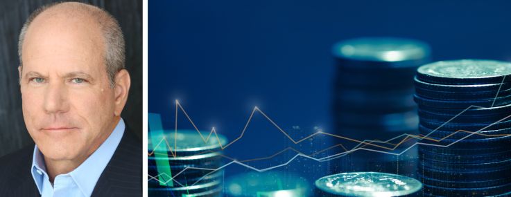 TPG CEO Jon Winkelried and an illustration of stock charts overlayed on stacks of coins.