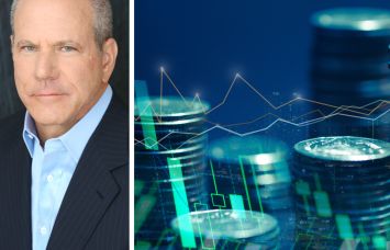 TPG CEO Jon Winkelried and an illustration of stock charts overlayed on stacks of coins.