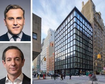 Newmark's Jordan Roeschlaub (top) and Daniel Fromm (bottom), and 205 West 28th Street.