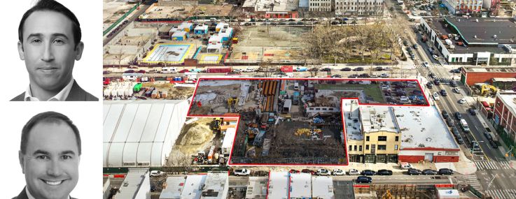 JLL's Michael Mazzara (top), Ethan Stanton (center), and Brendan Maddigan (bottom), and the development site at 563 Sackett Street in Brooklyn.