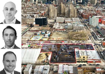 JLL's Michael Mazzara (top), Ethan Stanton (center), and Brendan Maddigan (bottom), and the development site at 563 Sackett Street in Brooklyn.