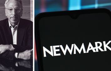 Newmark CEO Barry Gosin and the Newmark logo displayed on a mobile phone.