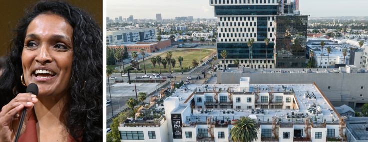 Los Angeles City Councilmember Nithya Raman and an apartment building under rent control at 5800 Harold Way in Los Angeles (foreground).