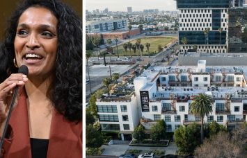 Los Angeles City Councilmember Nithya Raman and an apartment building under rent control at 5800 Harold Way in Los Angeles (foreground).