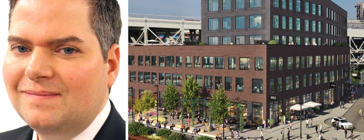 CBRE's Patrick Dugan and a rendering of 300 Huntington Street, Brooklyn.