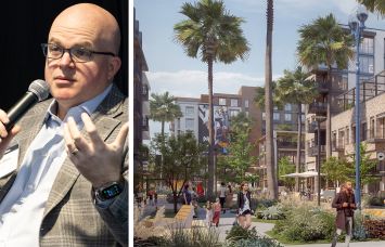 JPI CEO Payton Mayes and a rendering of the Mosaic development project in Long Beach, Calif.