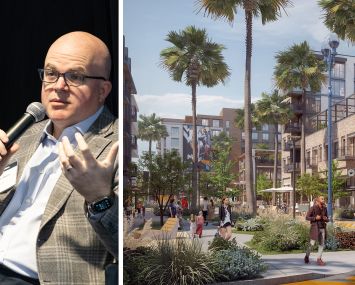 JPI CEO Payton Mayes and a rendering of the Mosaic development project in Long Beach, Calif.