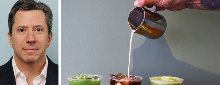 Rudin's Robert Steinman and cups of Blank Street Coffee drinks.