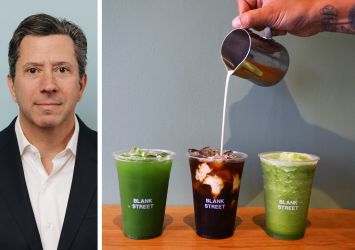 Rudin's Robert Steinman and cups of Blank Street Coffee drinks.