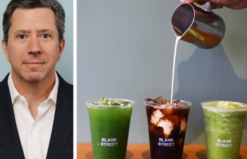 Rudin's Robert Steinman and cups of Blank Street Coffee drinks.