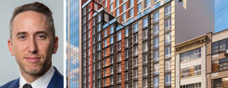 Meridian Capital Group's Simon Rosenfeld and a rendering of 33-35 West 125th Street.