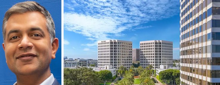 Customers Bank CEO Sam Sidhu and the bank's new office at 4 Park Plaza in Irvine, Calif.