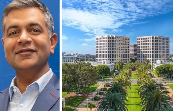 Customers Bank CEO Sam Sidhu and the bank's new office at 4 Park Plaza in Irvine, Calif.