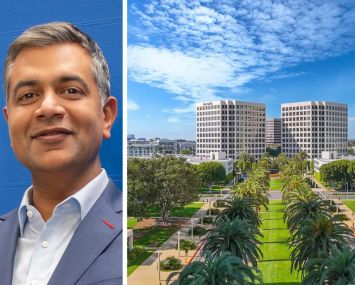 Customers Bank CEO Sam Sidhu and the bank's new office at 4 Park Plaza in Irvine, Calif.