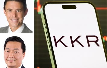 KKR co-CEOs Scott Nuttall (top) and Joseph Bae (bottom), and the KKR logo displayed on a mobile phone.