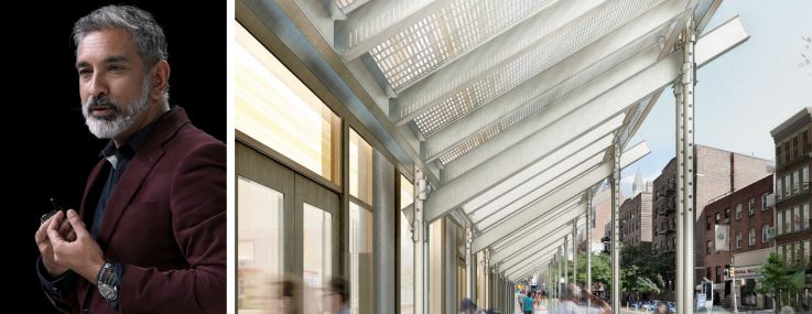 Practice for Architecture and Urbanism founder Vishaan Chakrabarti and a rendering of a new sidewalk shed design by Arup and PAU.