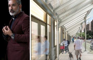Practice for Architecture and Urbanism founder Vishaan Chakrabarti and a rendering of a new sidewalk shed design by Arup and PAU.