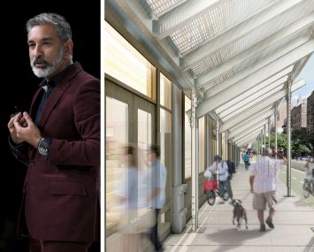 Practice for Architecture and Urbanism founder Vishaan Chakrabarti and a rendering of a new sidewalk shed design by Arup and PAU.