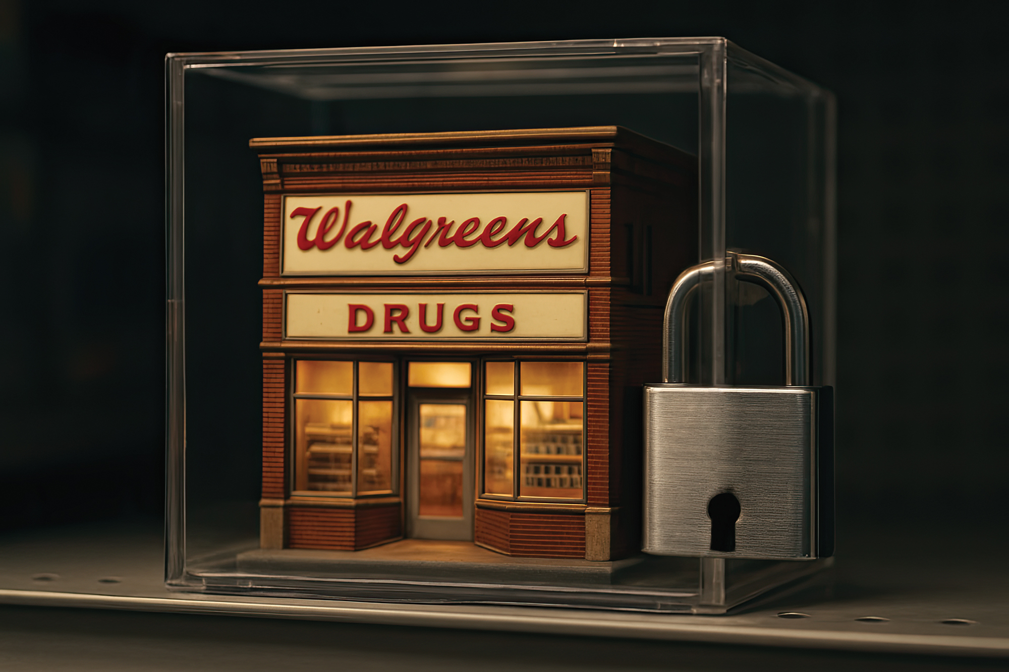 An illustration of a Walgreen's store in a locked clear case on a shelf.