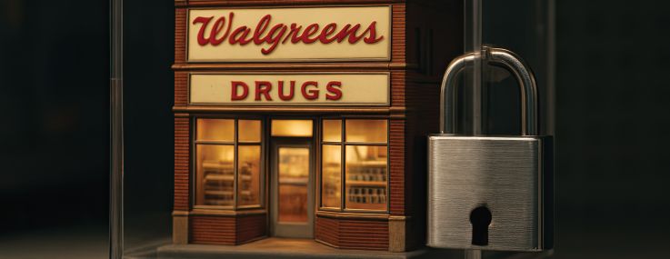 An illustration of a Walgreen's store in a locked clear case on a shelf.