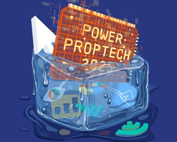 An illustratin of a computer chip and other tech icons inside a melting ice cube.