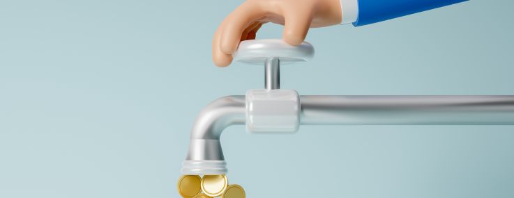 3d hand opens drain money from the tap on blue background, gold coins dripping tap, money coins out of the tap, passive Income icon, cash flow concept, financial investments concept, 3d rendering
