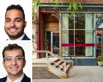 Meridian Capital's Noam Aziz (top) and Carson Shahrabani (bottom) and 13 East 13th Street.