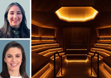 Aylin Gucalp (top) and Cassie Durand of CBRE. An interior of the "Social Spa" at 201 East 86th Street.