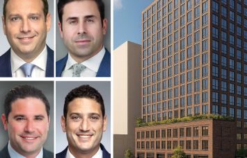 Walker & Dunlop's Aaron Appel (clockwise from top left), Keith Kurland, Adam Schwartz and Jonathan Schwartz, and a rendering of 22 Fulton Street, Newark, N.J.