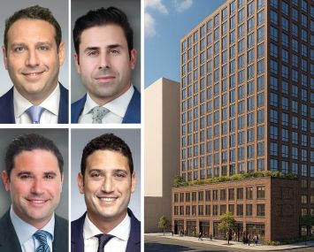 Walker & Dunlop's Aaron Appel (clockwise from top left), Keith Kurland, Adam Schwartz and Jonathan Schwartz, and a rendering of 22 Fulton Street, Newark, N.J.