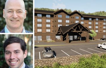 Peachtree Group's Adam Greene (top) and Jared Schlosser (bottom), and a rendering of a planned Homewood Suites by Hilton in Sugar Mountain, N.C.