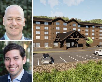 Peachtree Group's Adam Greene (top) and Jared Schlosser (bottom), and a rendering of a planned Homewood Suites by Hilton in Sugar Mountain, N.C.