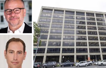 NYCEDC's Andrew Kimball (top), GFP Real Estate's Brian Steinwurtzel (bottom) and 100 Gold Street.