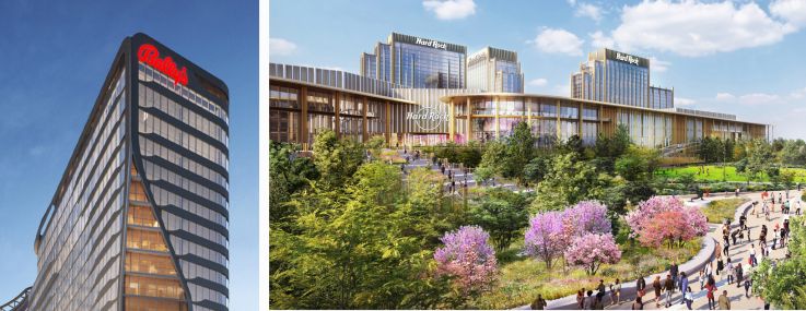 Renderings of Bally's Bronx (left), Hard Rock Hotel & Casino Metropolitan Park (top right), and Resorts World New York City (bottom right).