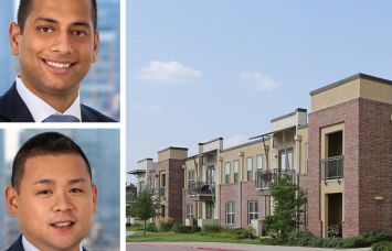 Brandon Baksh and Brian Yee of Dwight Capital and a rendering of Oxford at the Boulevard in Corinth, Texas.