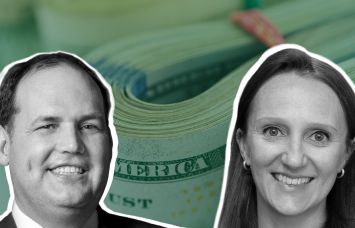 Brian Harper of 11North Partners (left), Martha Kelley of Bain Capital Real Estate (right), and wads of dollar bills in the background,