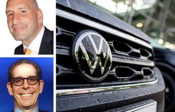 Brian Jaffe of Jaffe Realty (top), Frank Zuckerbrot of Sholom & Zuckerbrot Realty (bottom), and Volkswagen cars at a dealership.