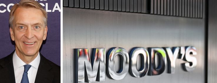 Brookfield's Bruce Flatt and Moody's logo outside 7 World Trade Center.