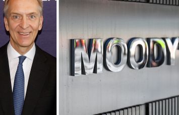 Brookfield's Bruce Flatt and Moody's logo outside 7 World Trade Center.